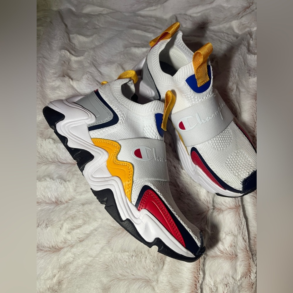 Champion Shoes Youth Rally Pro Low Top Sneakers White Red Blue Gold Slip